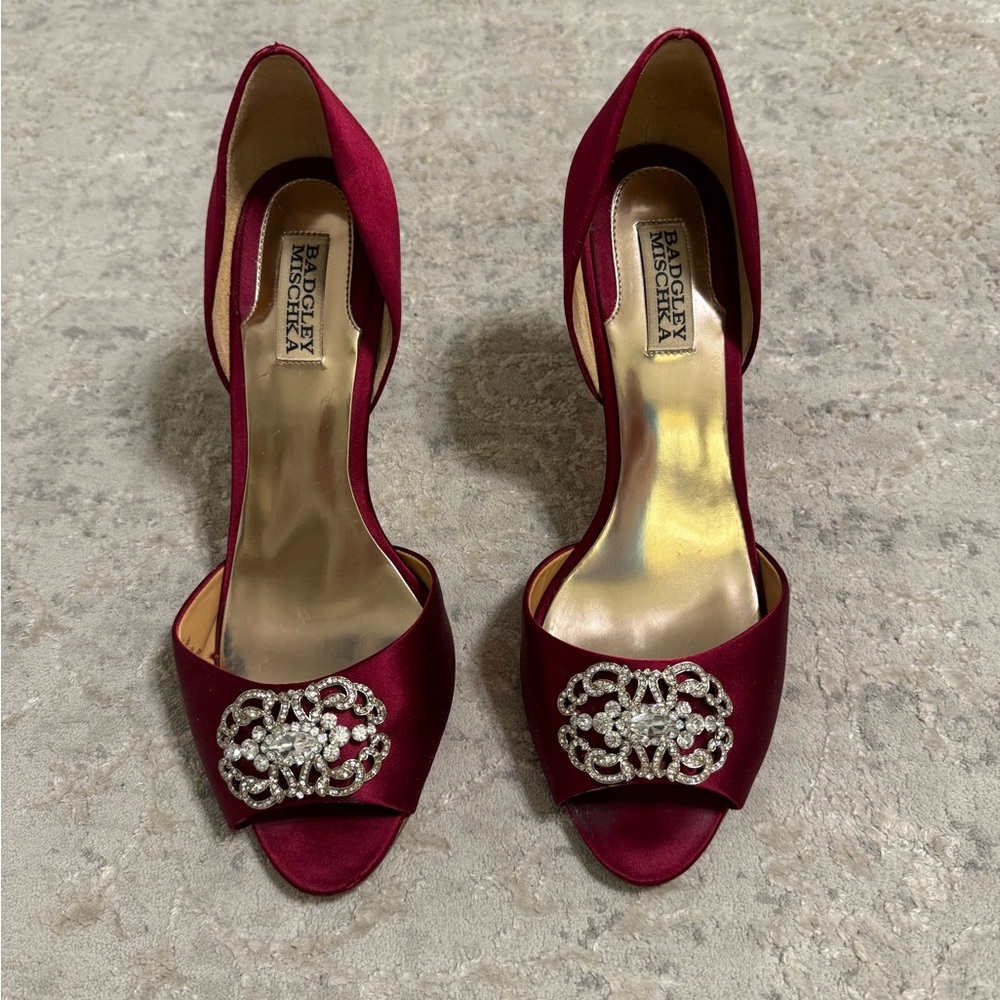 Badgley Mischka Burgundy Satin Peep-Toe Heels with Crystal embellishment